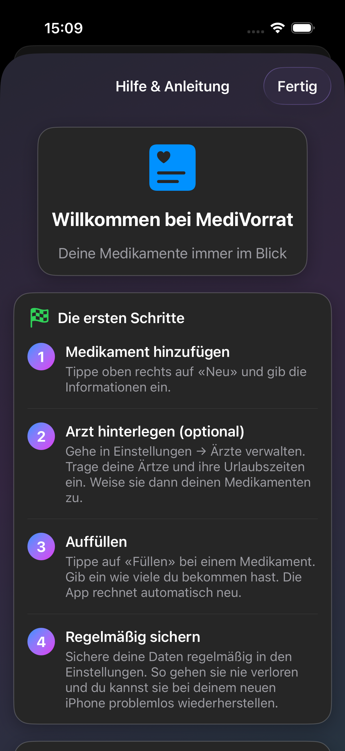 MediVorrat Hilfe und Anleitung Dark