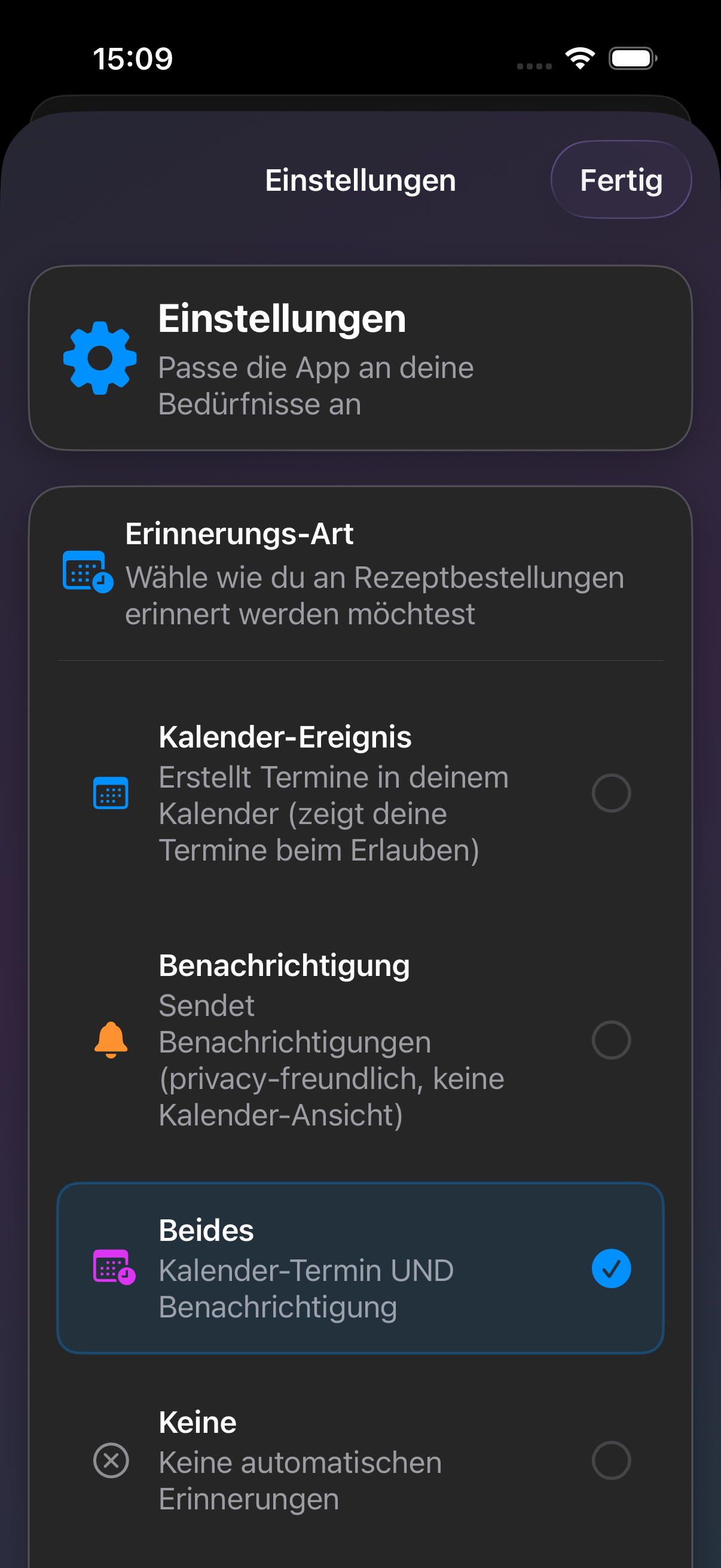 MediVorrat Einstellungen Dark